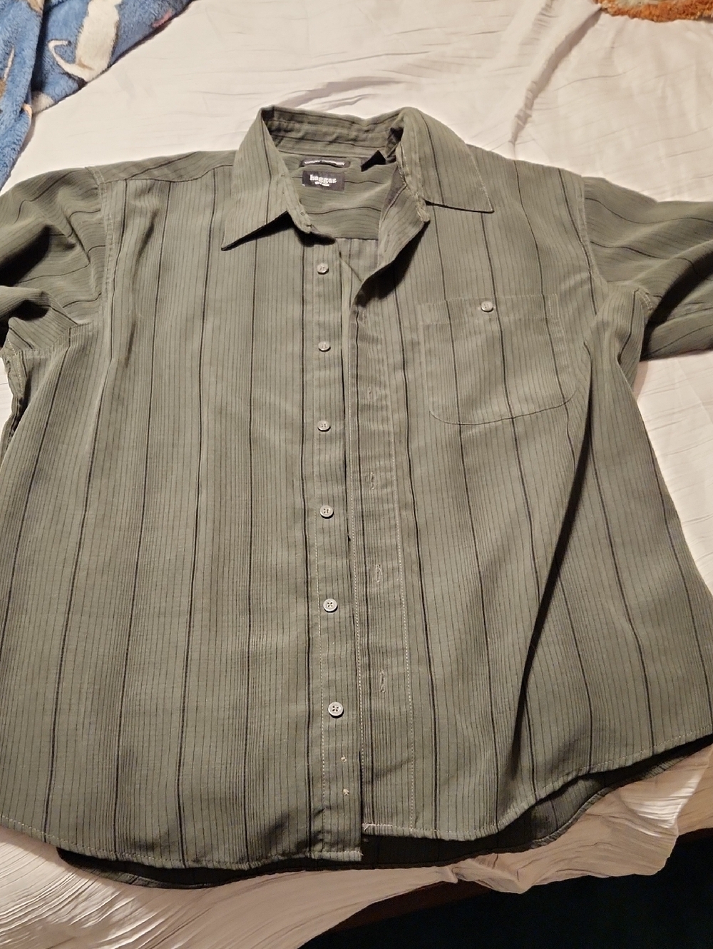 Haggar Olive Green Vertical-Striped Short Sleeve Button-Down Shirt